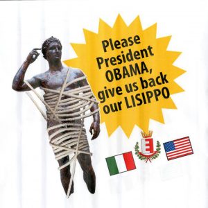 FANO (PESARO-URBINO) - La maglietta con la scritta "Please Presidente Obama give us back our Lisippo"  che verr‡ indossata domenica 1 novembre da due atleti fanesi alla maratona di New York.+++NO SALES, EDITORIAL -- USE ONLY+++