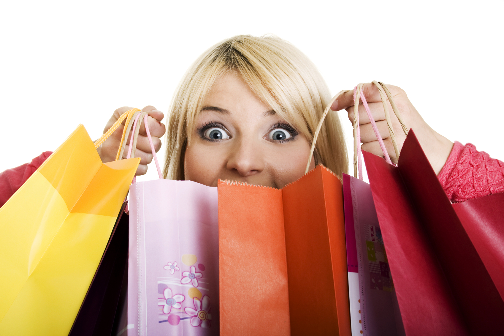 Excited Shopping Woman isolated on white