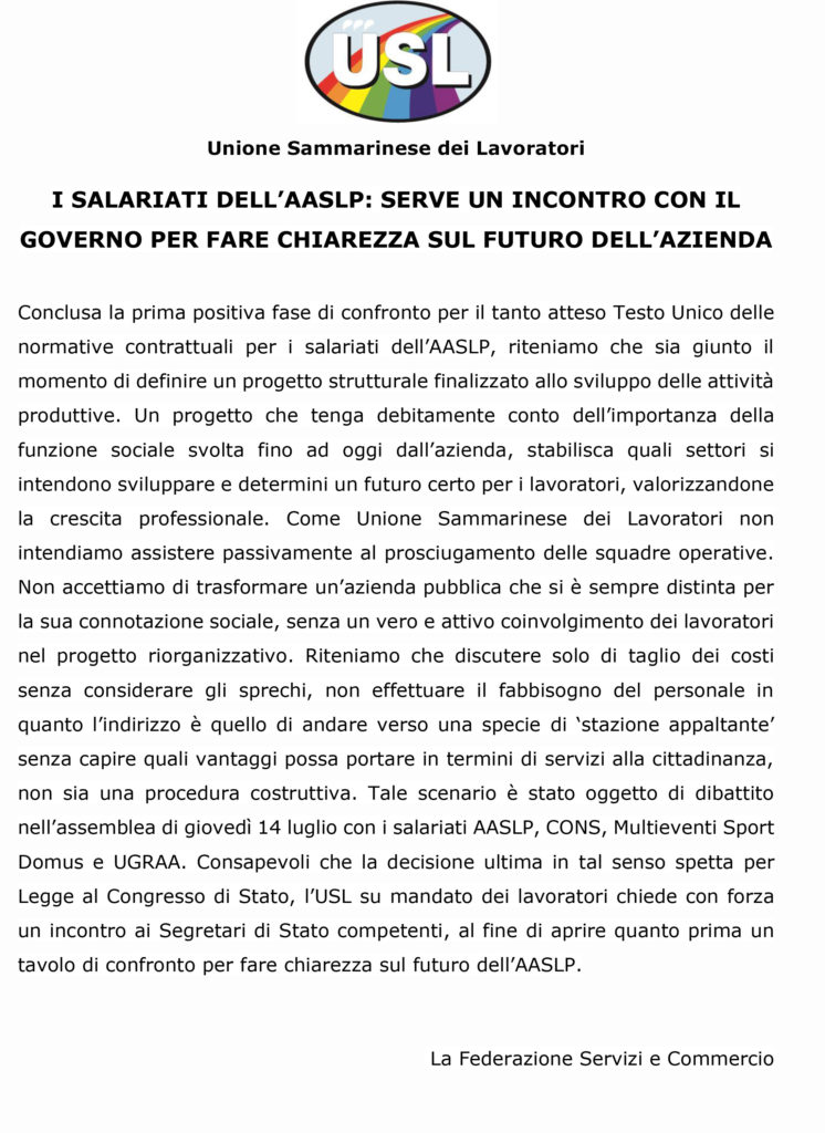 I salariati dell'AASLP-serve un incontro con il Governo sul futuro dell'azienda