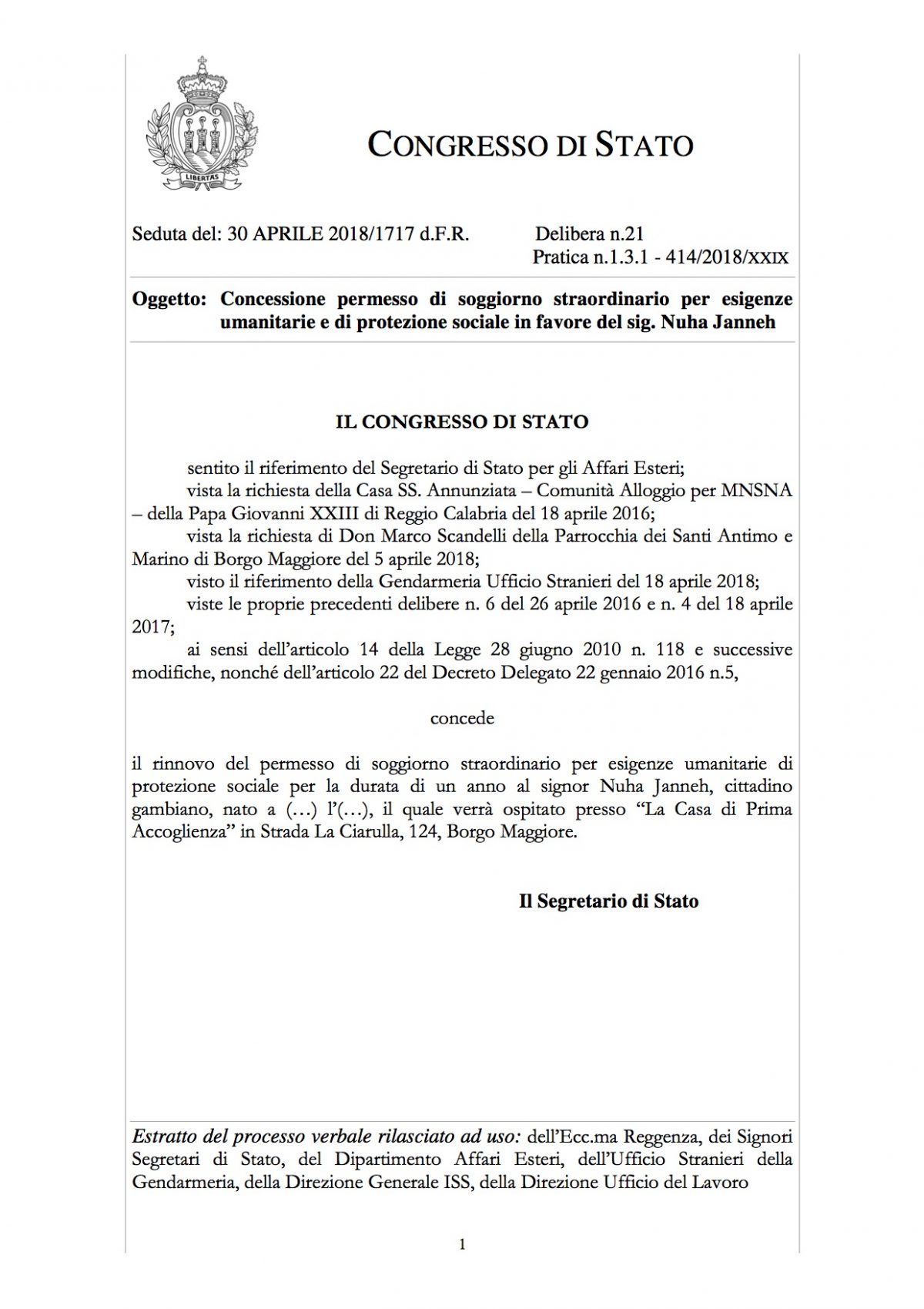 San marino. concesso permesso di soggiorno straordinario per ... Pratica permesso di soggiorno