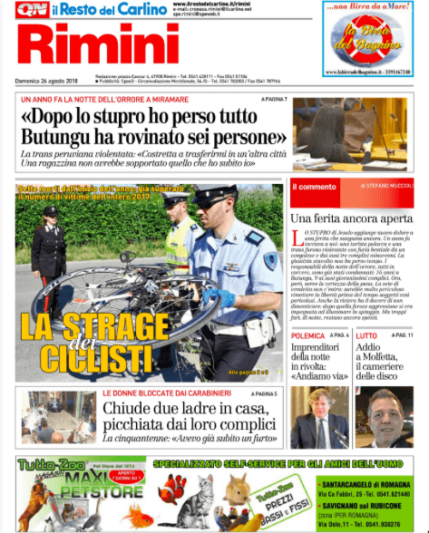 La prima pagina de Il Resto del Carlino Rimini GiornaleSM